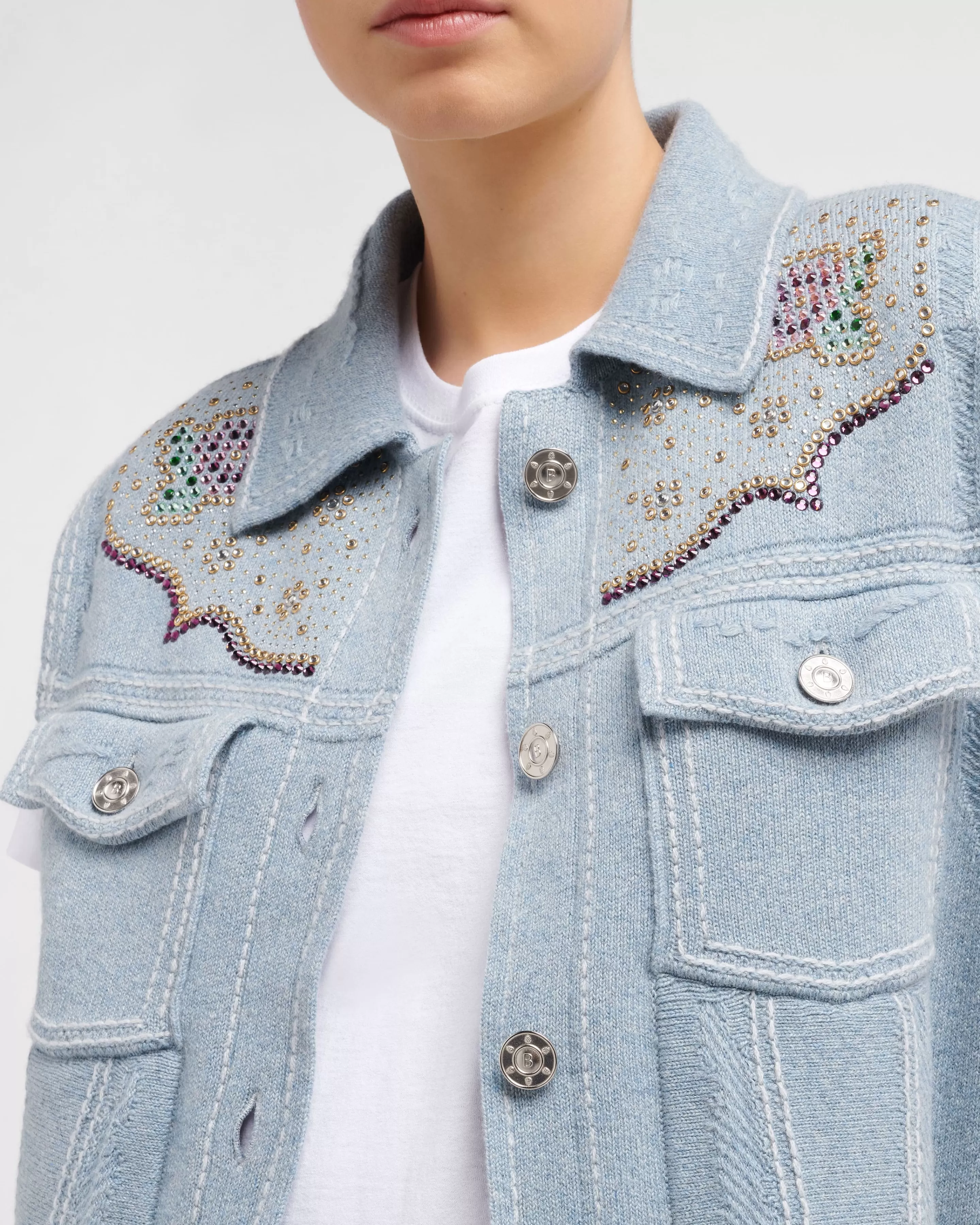 Barrie Oversize Sleeveless Strassed Denim Jacket In Cashmere And Cotton Discount