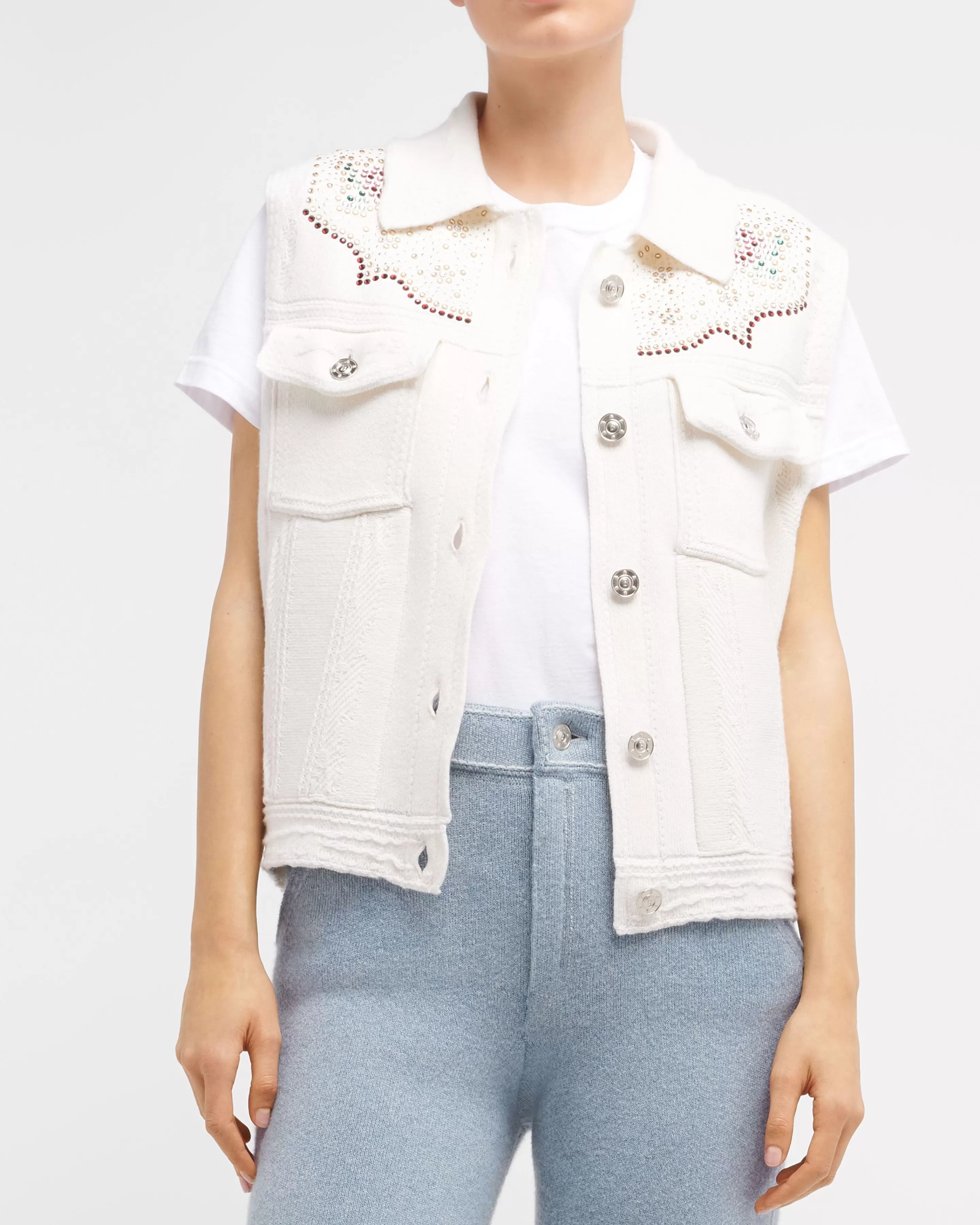 Barrie Oversize Sleeveless Strassed Denim Jacket In Cashmere And Cotton Shop