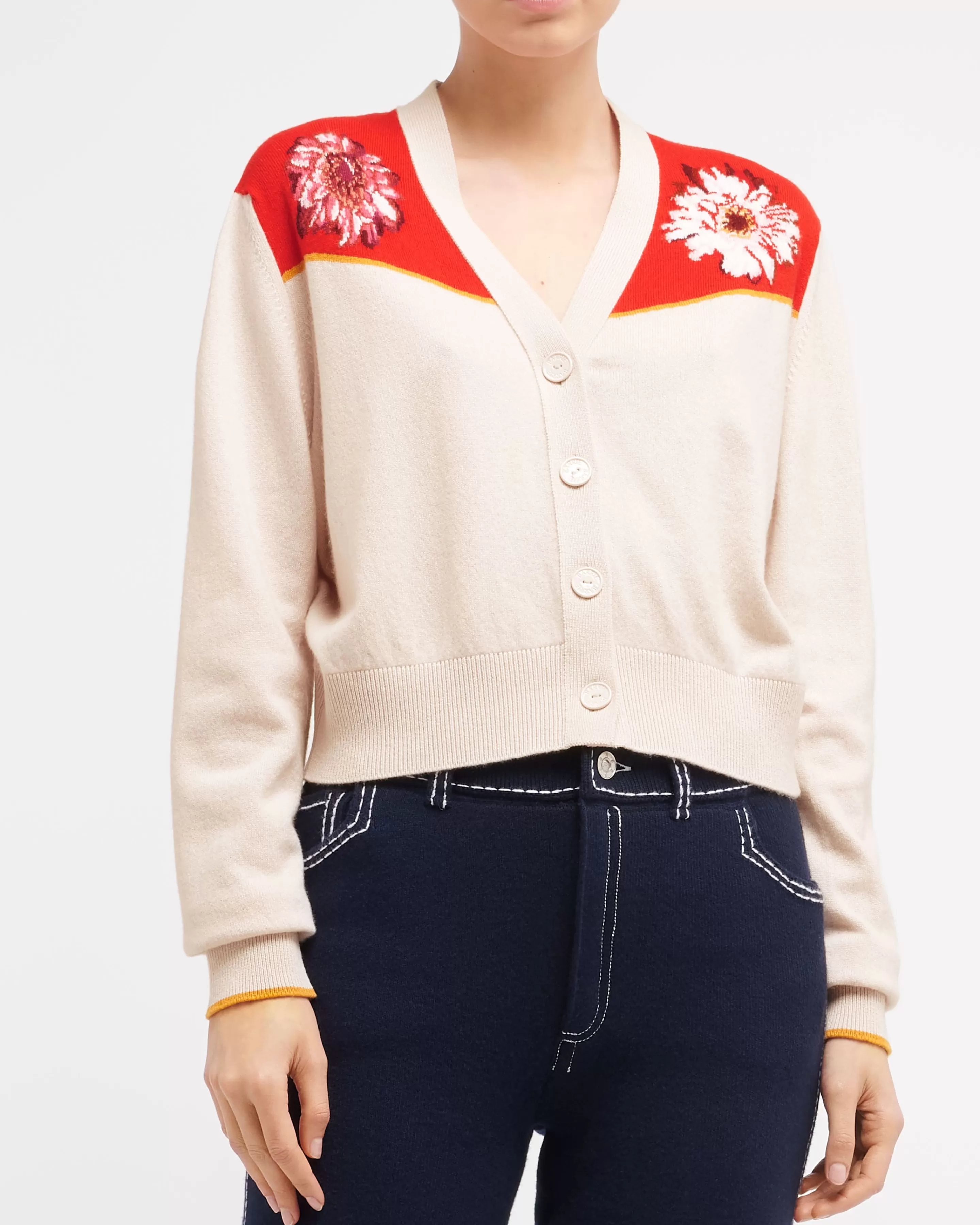 Barrie V-Neck Cardigan In Cashmere And Cotton With A Floral Motif Hot