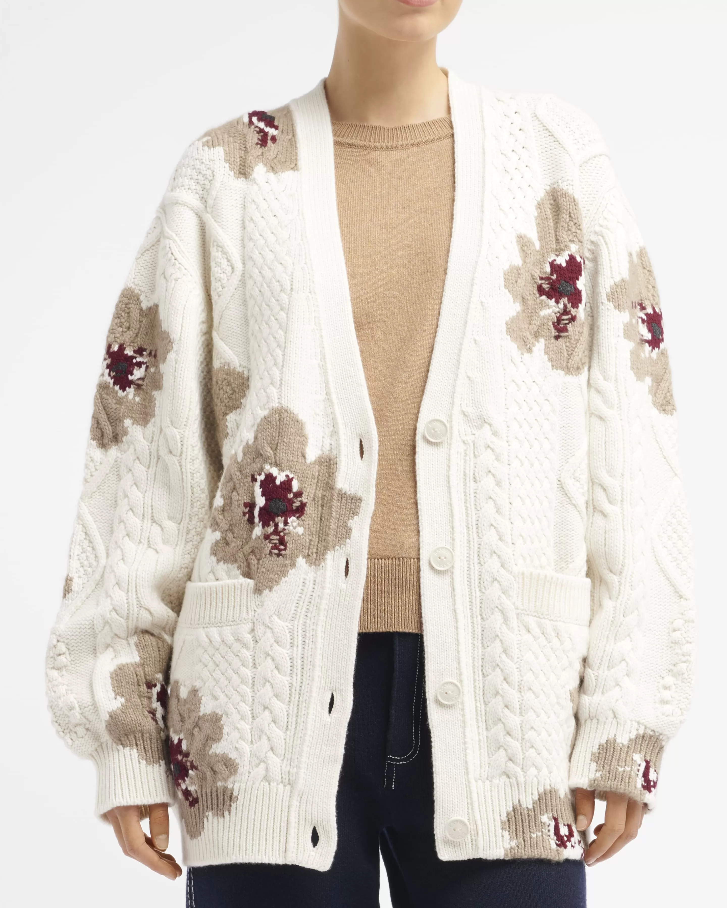 Barrie V-Neck Cardigan With Floral Pattern In Cashmere Discount