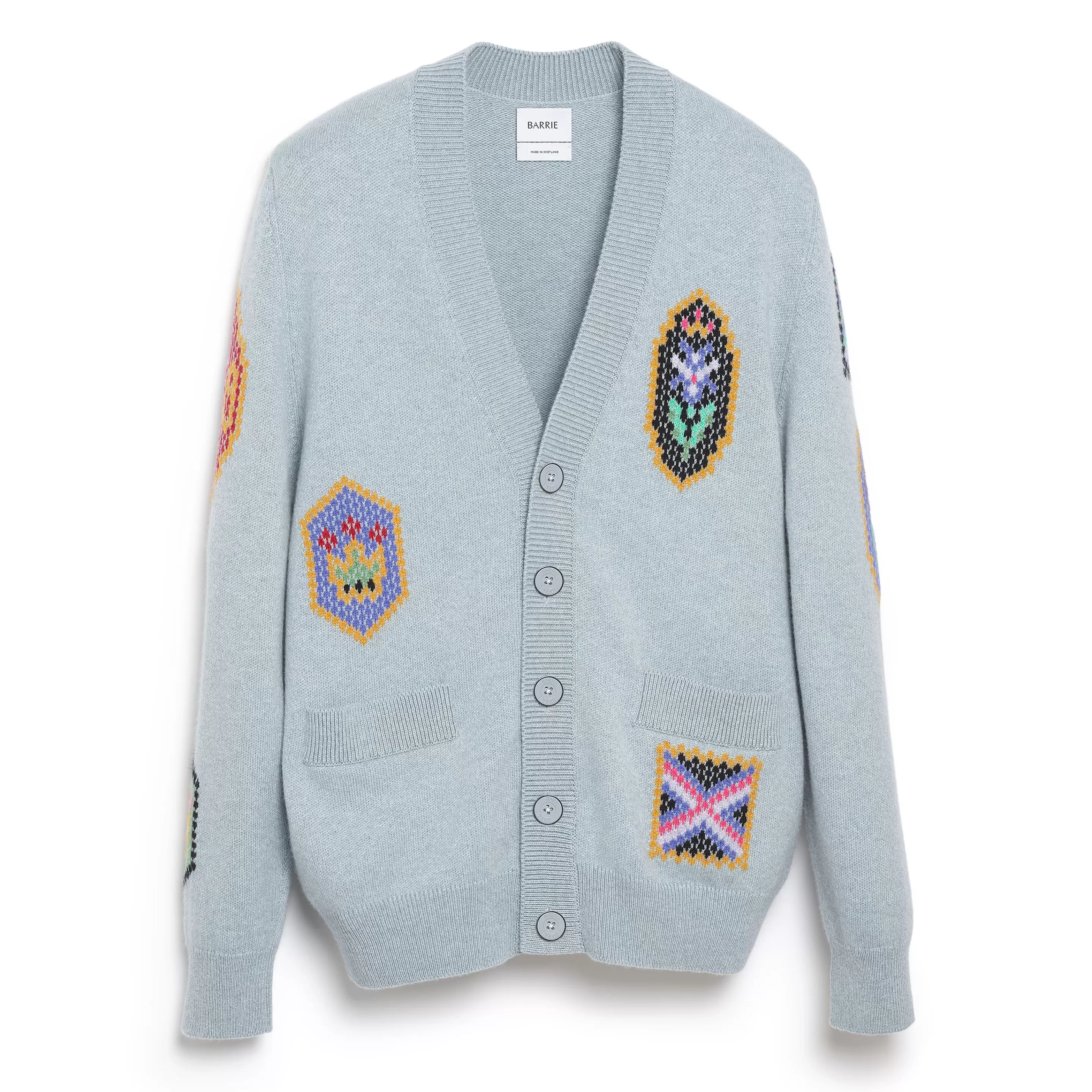 Barrie V-Neck Cardigan With Scottish Symbols In Cashmere Hot